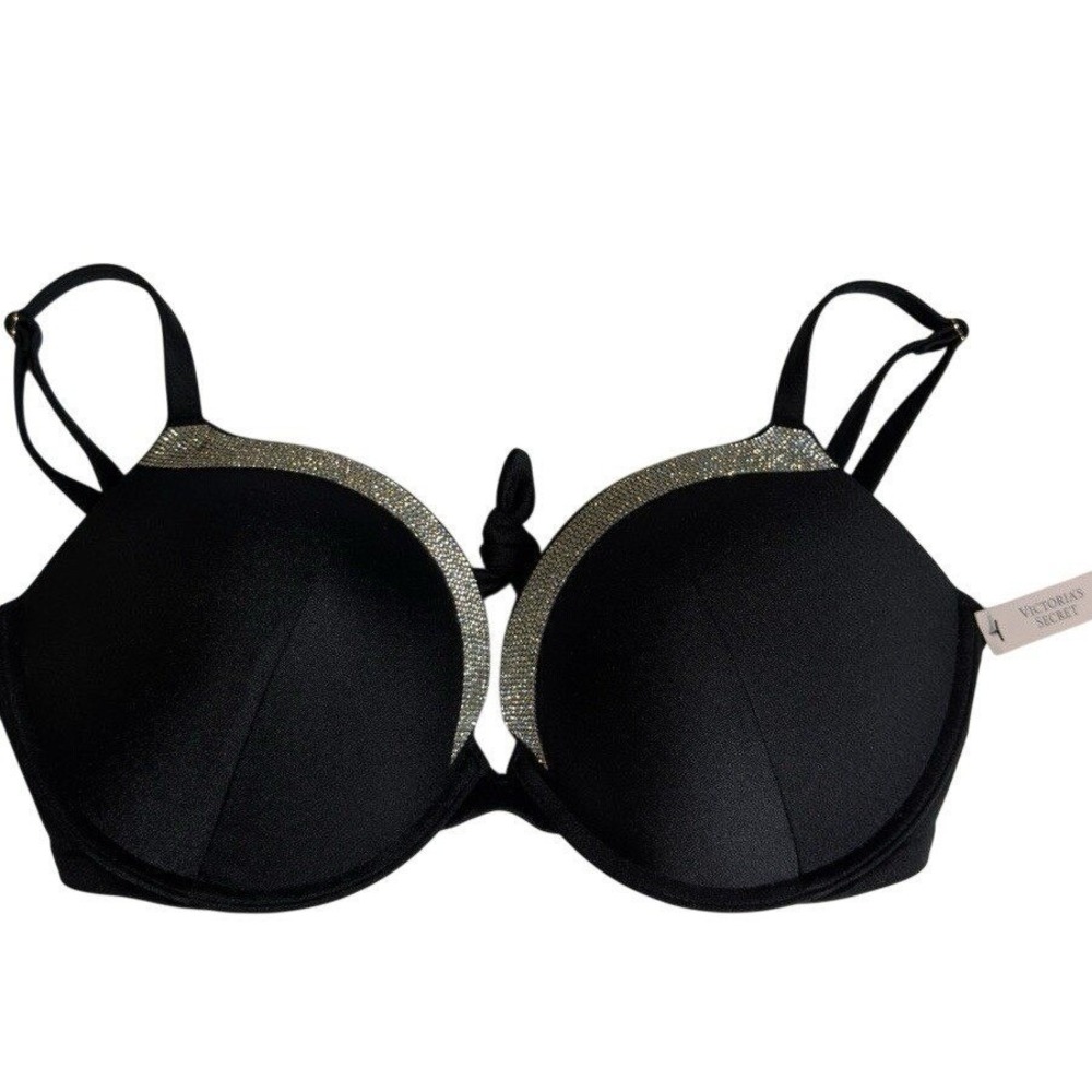 Women's Black Bra 32DDD Padded Underwire Plunge Sparkle Trim Strappy Lingerie